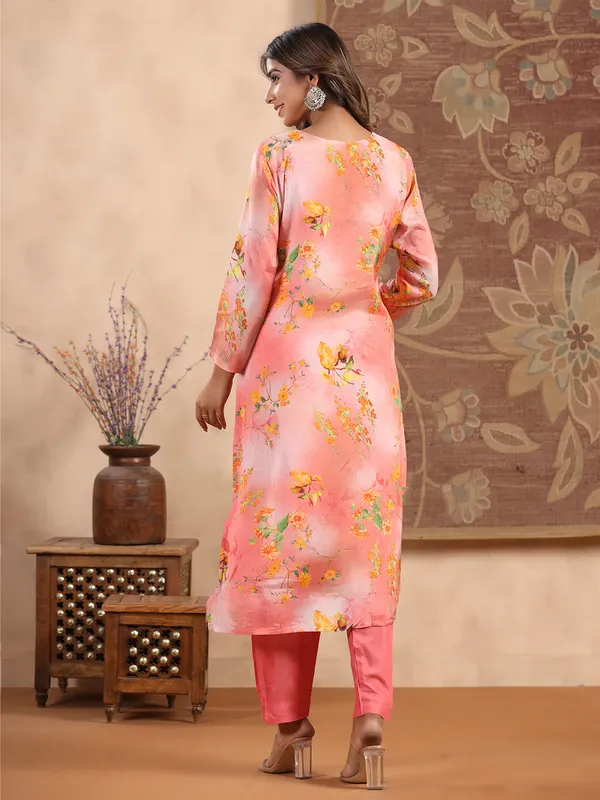 Peach printed silk kurti set with dupatta