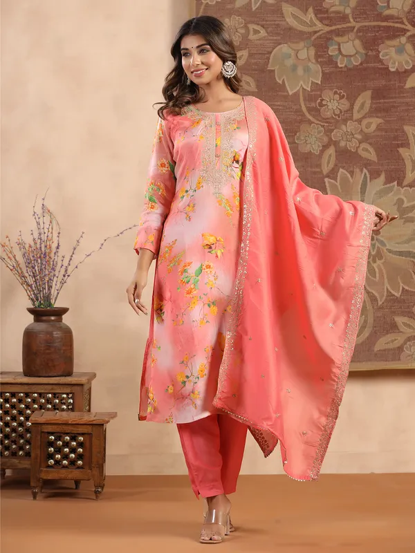 Peach printed silk kurti set with dupatta