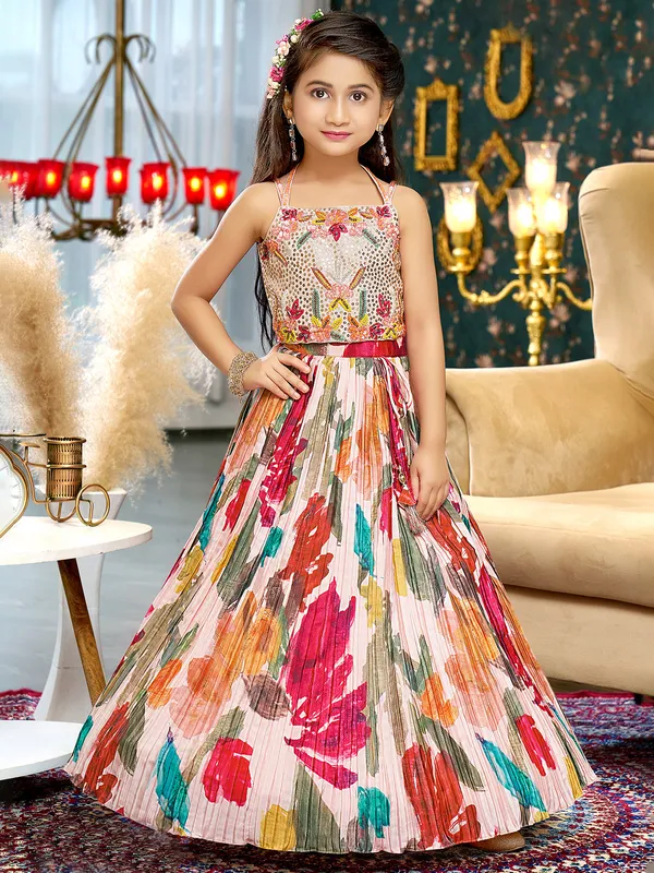 Peach printed silk lehenga choli