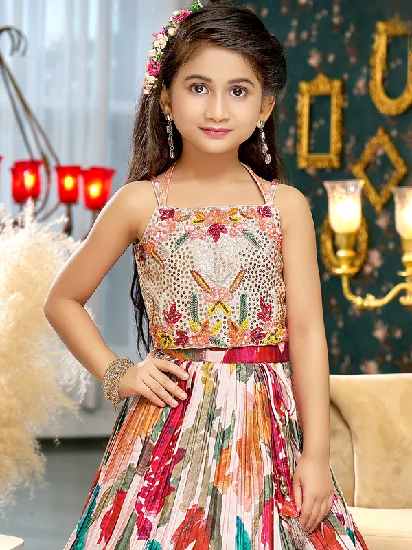 Peach printed silk lehenga choli