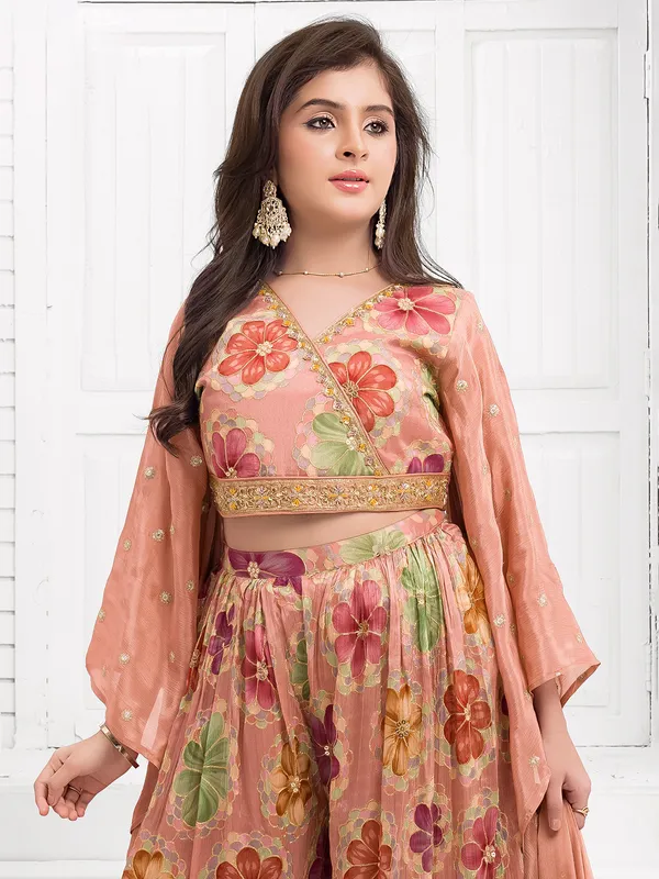Peach printed silk palazzo suit with dupatta