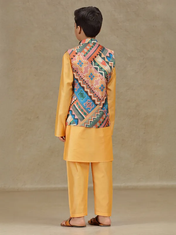Peach printed silk waistcoat set for boys