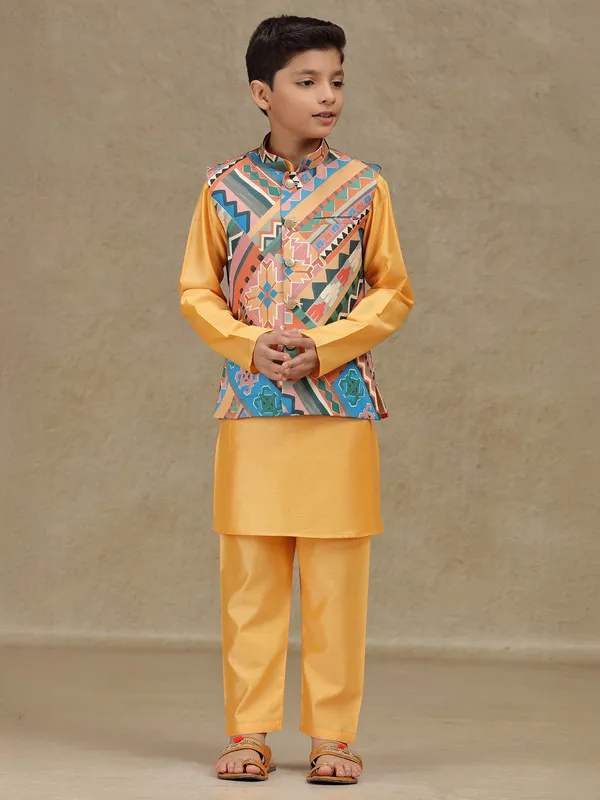 Peach printed silk waistcoat set for boys