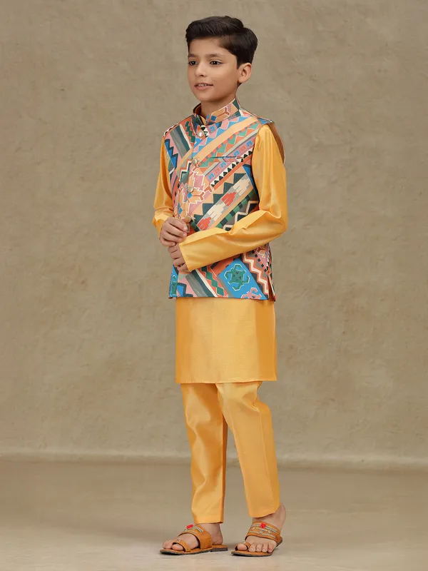 Peach printed silk waistcoat set for boys