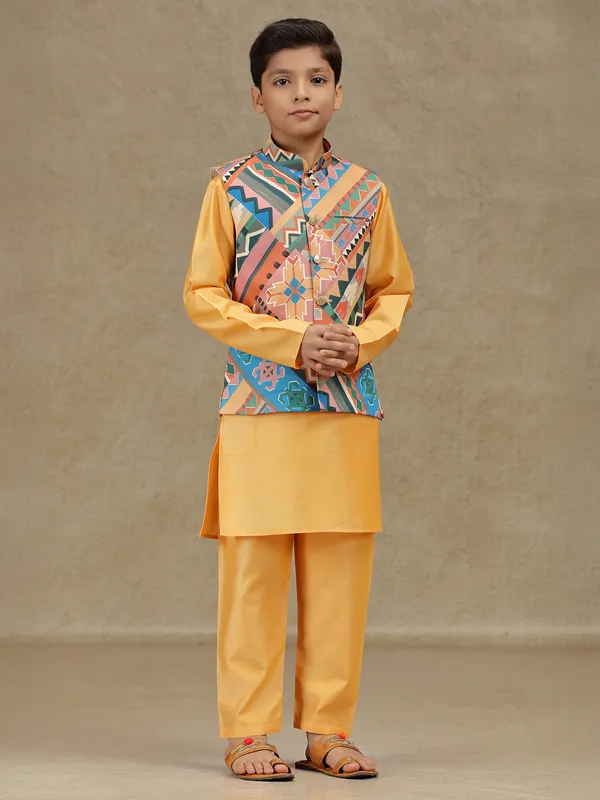 Peach printed silk waistcoat set for boys