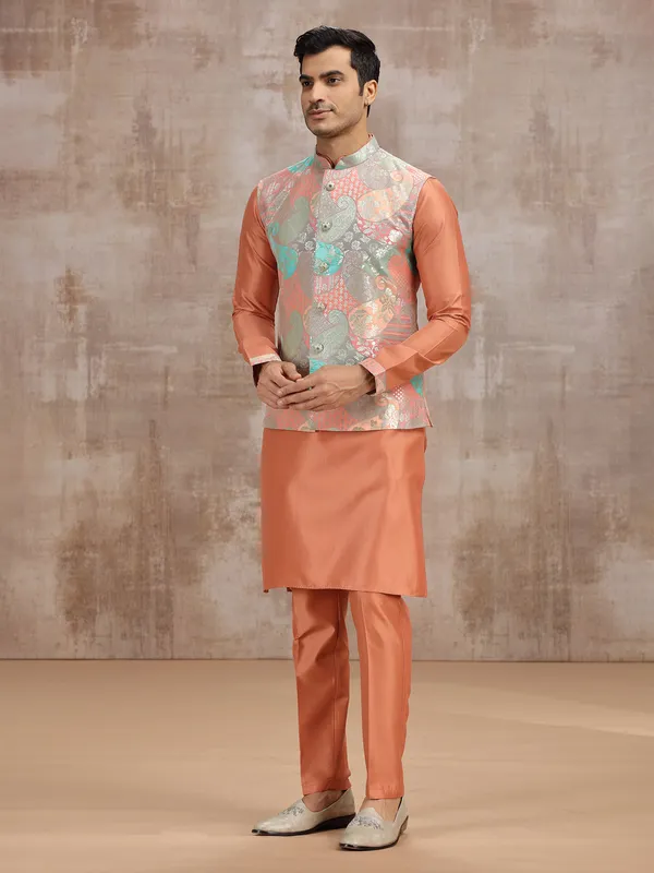 Peach printed silk waistcoat set for festival wear