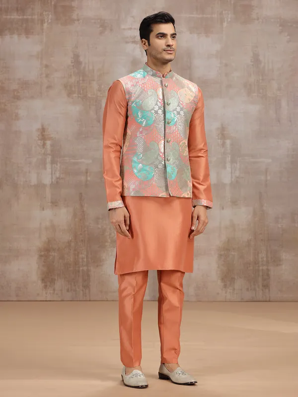 Peach printed silk waistcoat set for festival wear