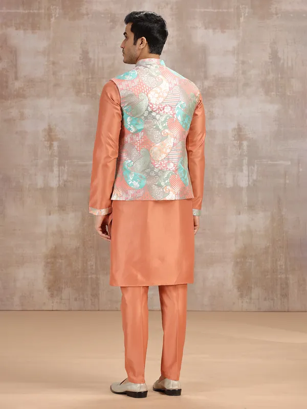 Peach printed silk waistcoat set for festival wear