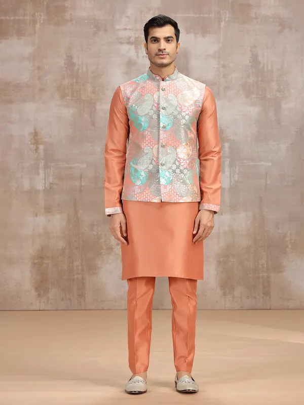 Peach printed silk waistcoat set for festival wear
