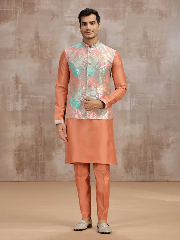 Peach printed silk waistcoat set for festival wear