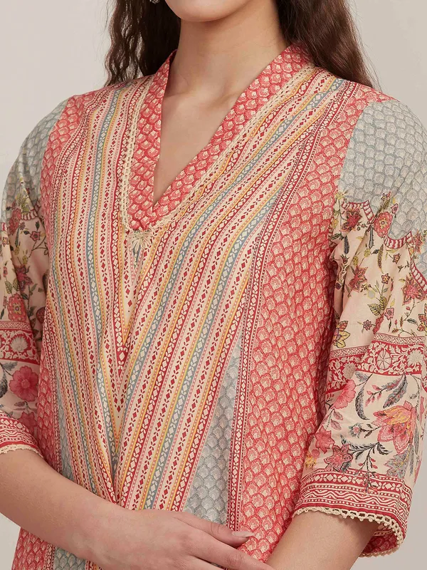 Peach printed straight cut kurti with thread work