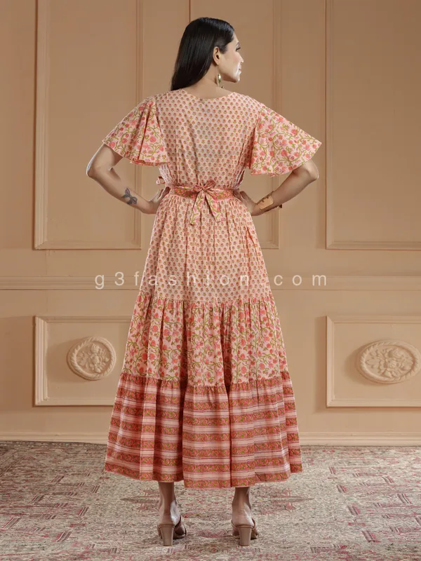Peach printed style festive cotton silk kurti