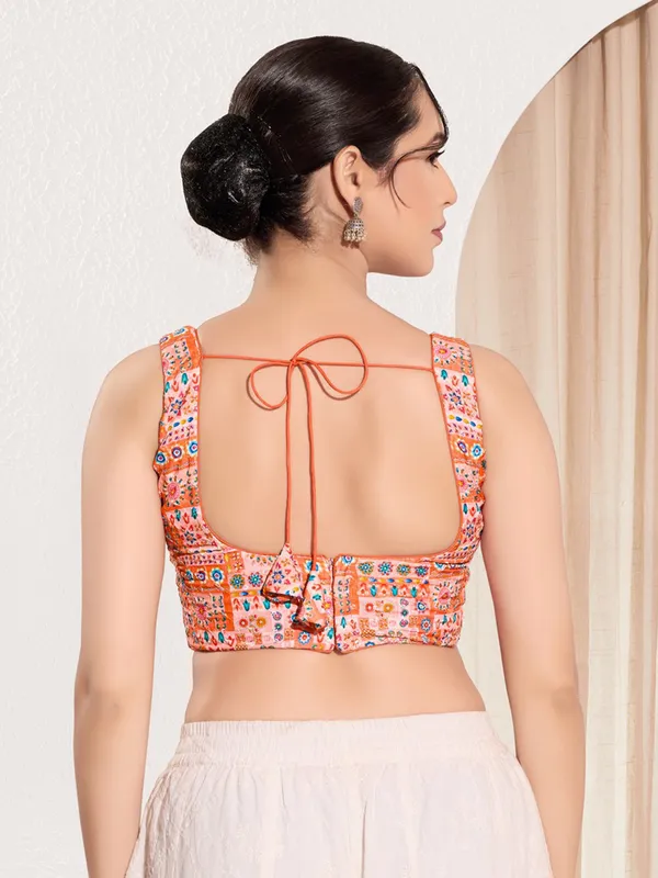 Peach printed viscose rayon ready made blouse