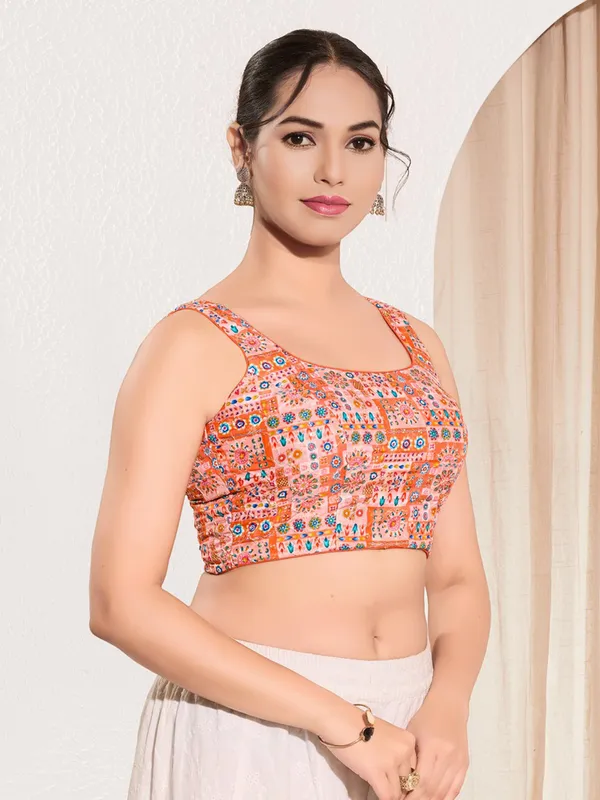 Peach printed viscose rayon ready made blouse