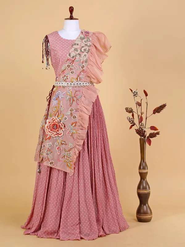 Peach printed wedding wear lehenga choli