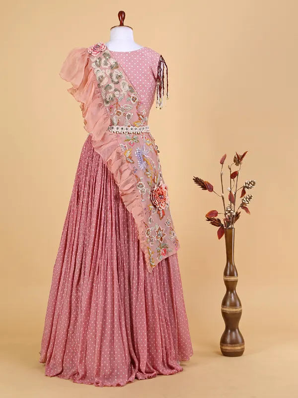 Peach printed wedding wear lehenga choli