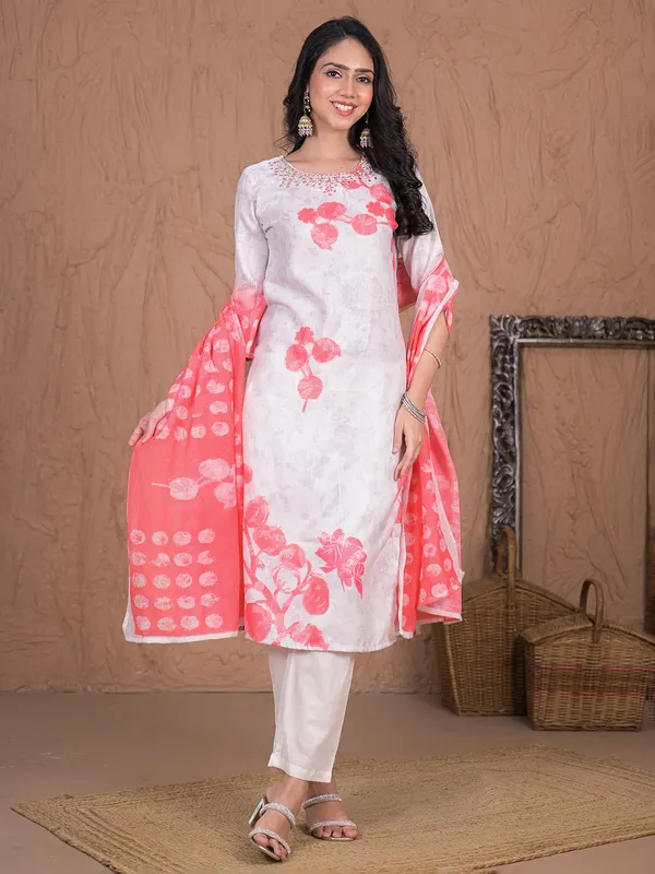 Peach printed women kurti set in cotton silk