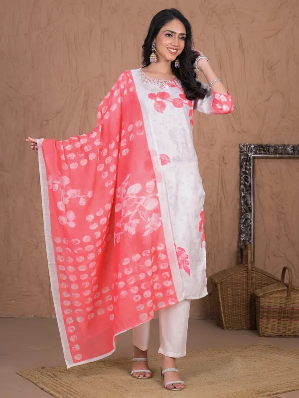 Peach printed women kurti set in cotton silk