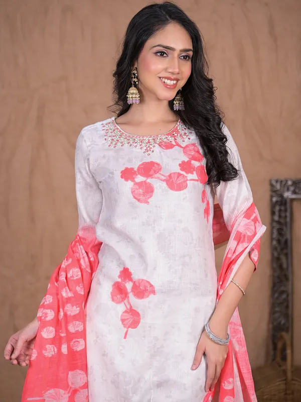 Peach printed women kurti set in cotton silk