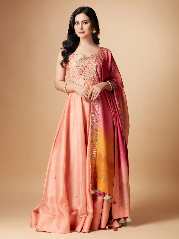 Peach raw silk anarkali floor length suit