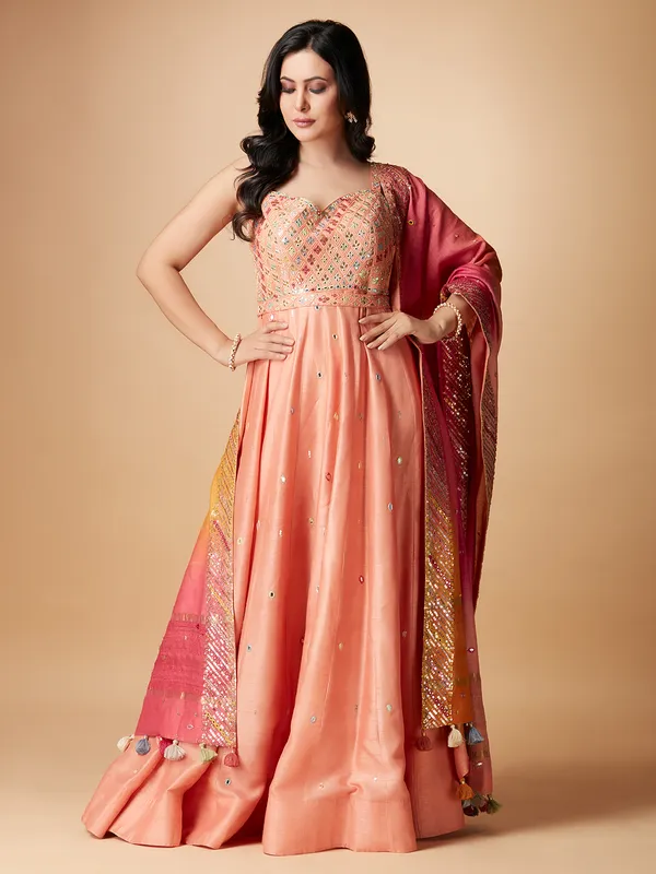 Peach raw silk anarkali floor length suit