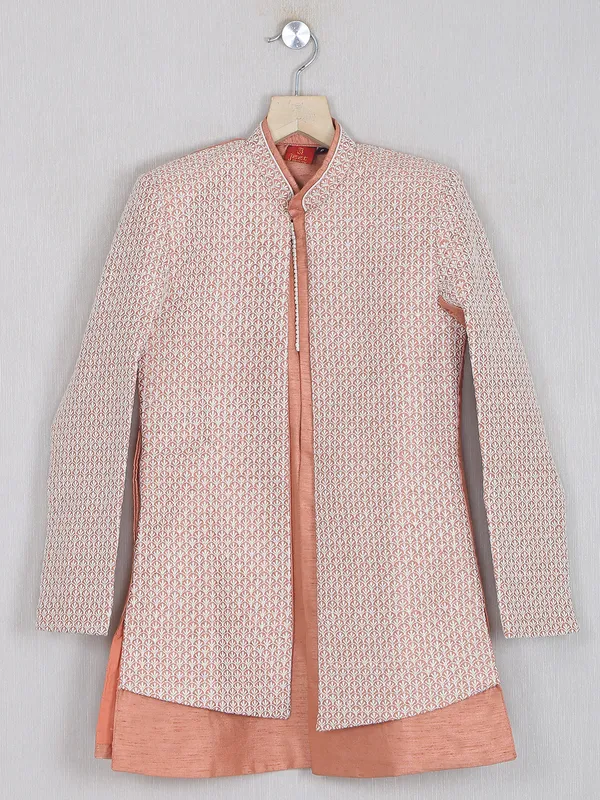 Peach raw silk boys indo western