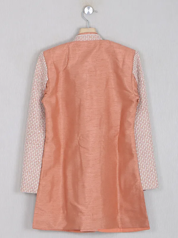 Peach raw silk boys indo western