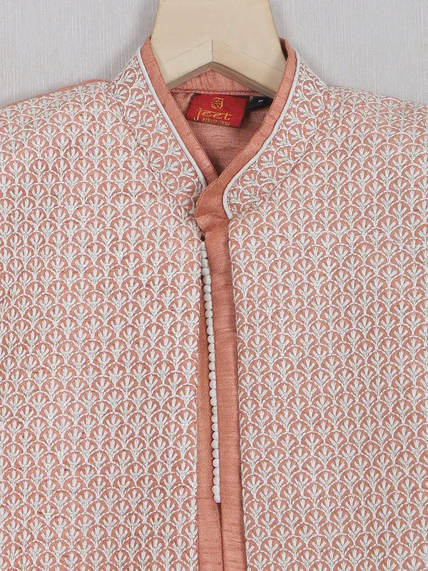 Peach raw silk boys indo western