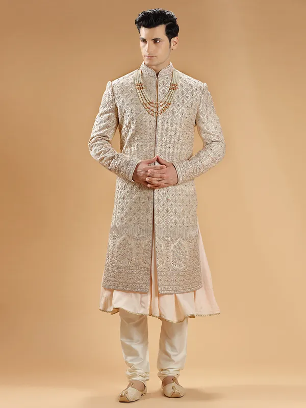 Peach raw silk designer sherwani for groom