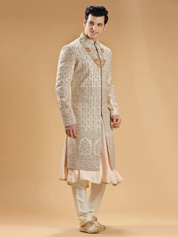 Peach raw silk designer sherwani for groom