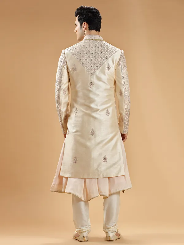 Peach raw silk designer sherwani for groom