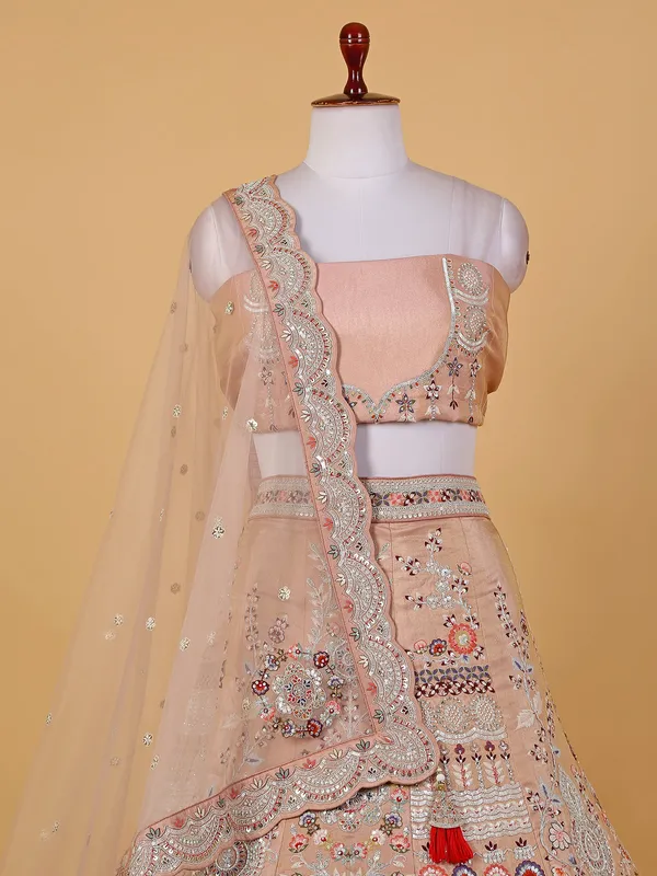 Peach raw silk embroidery unstitched lehenga choli