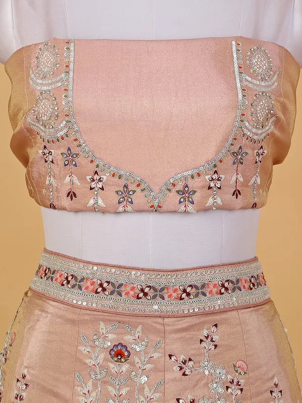 Peach raw silk embroidery unstitched lehenga choli