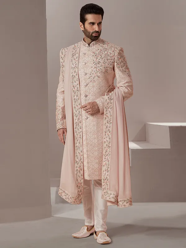 Peach raw silk groom and wedding wear sherwani