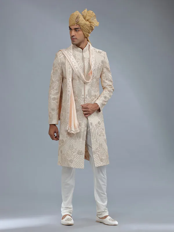 Peach raw silk groom style sherwani for men