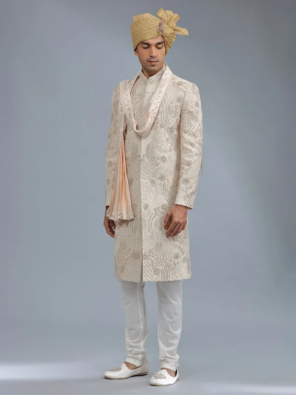 Peach raw silk groom style sherwani for men