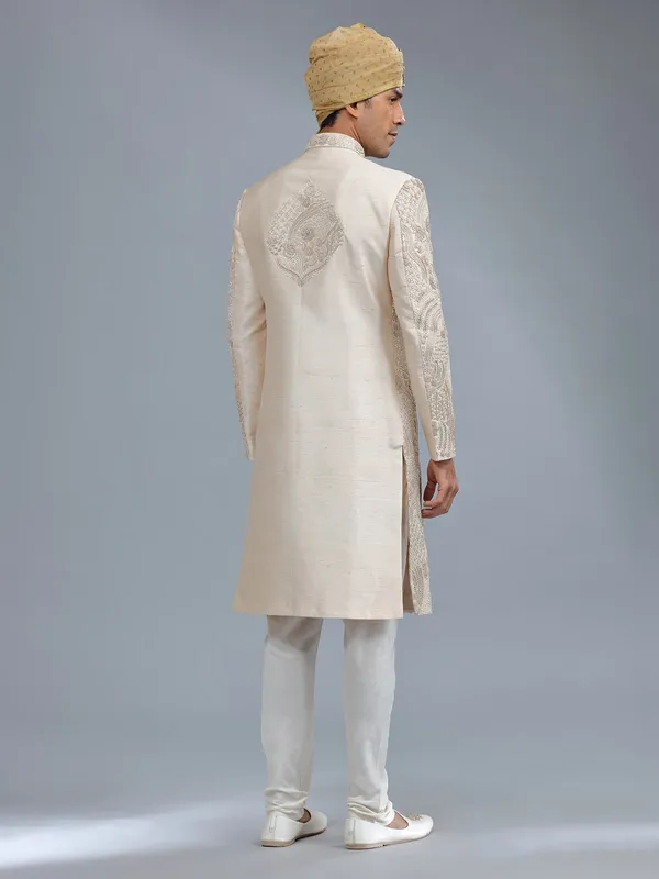Peach raw silk groom style sherwani for men