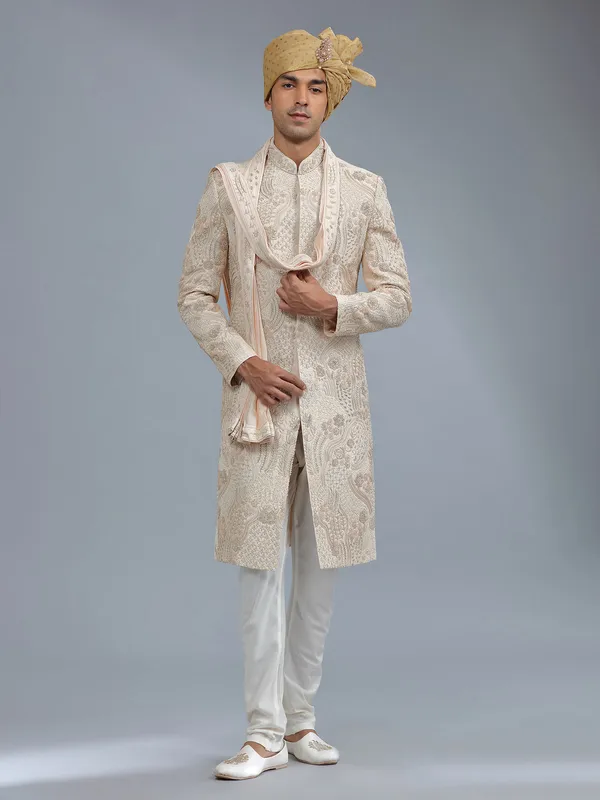 Peach raw silk groom style sherwani for men