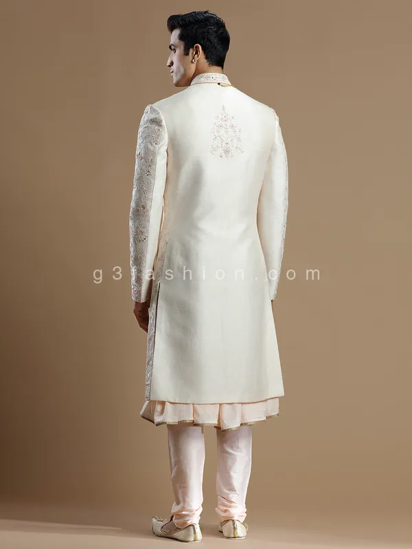 Peach raw silk groom wear stunning sherwani