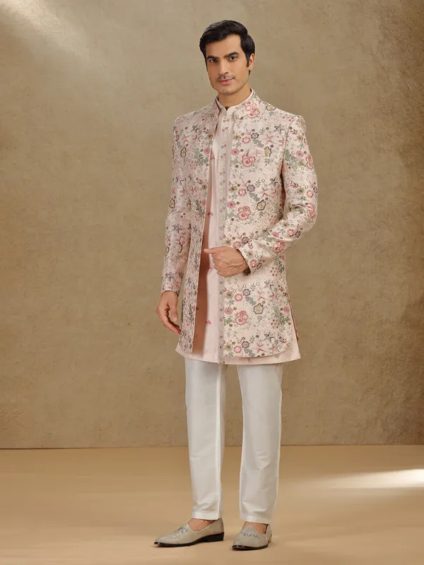 Peach raw silk indo western for mens
