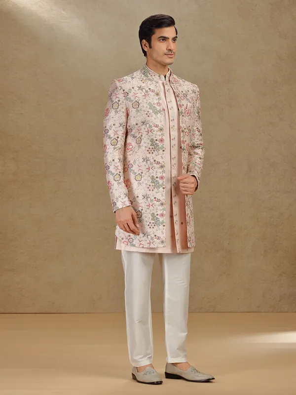 Peach raw silk indo western for mens