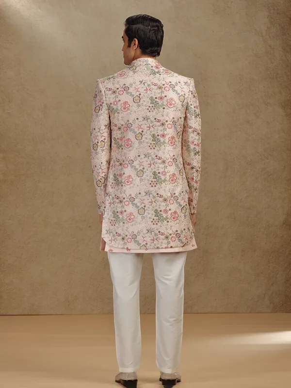 Peach raw silk indo western for mens