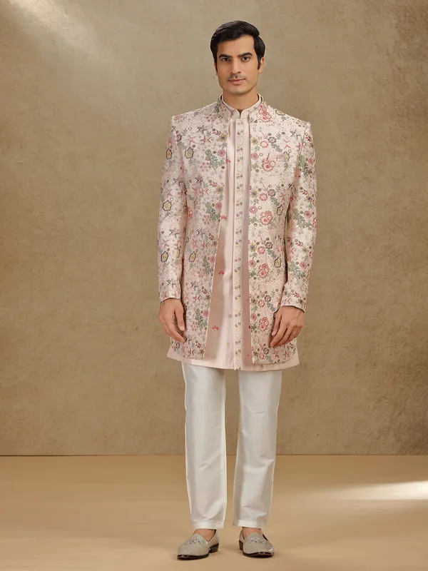 Peach raw silk indo western for mens