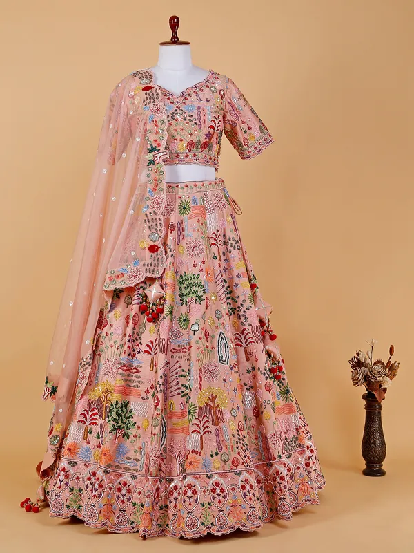 Peach raw silk lehenga choli with embroidery