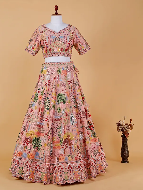 Peach raw silk lehenga choli with embroidery