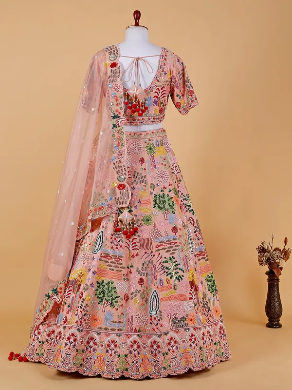 Peach raw silk lehenga choli with embroidery