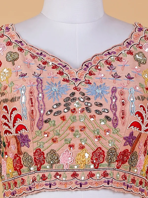 Peach raw silk lehenga choli with embroidery