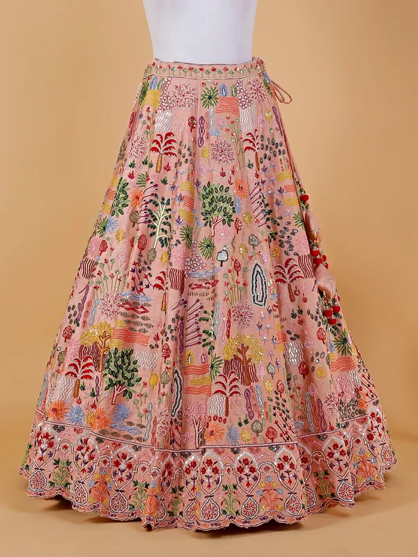 Peach raw silk lehenga choli with embroidery