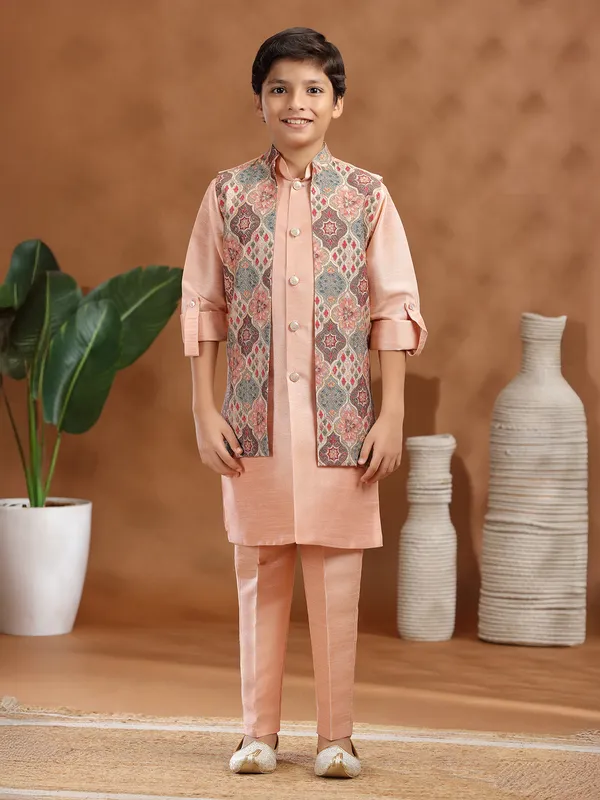 Peach raw silk resham printed waistcoat set