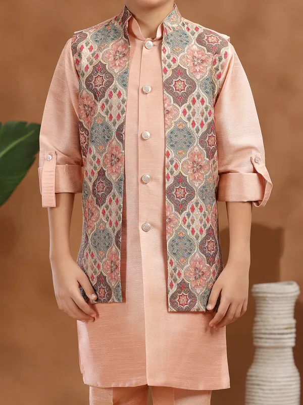 Peach raw silk resham printed waistcoat set